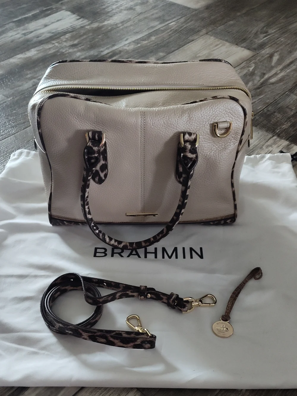 Brahmin Cream Leather Satchel with Leopard Trim and Gold Hardware